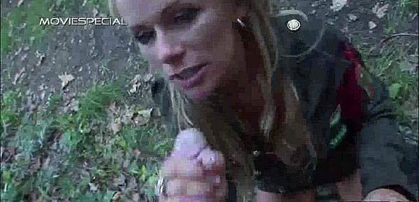  Blonde army babe sucking on a hard cock outdoors